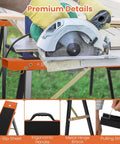 Circular saw on Beefy Saw Horses 2 Pack Portable Galvanized Metal Work Stand used for woodworking projects with details shown