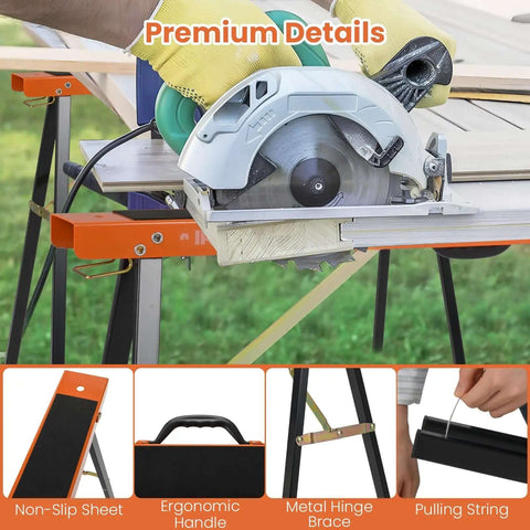 Circular saw on Beefy Saw Horses 2 Pack Portable Galvanized Metal Work Stand used for woodworking projects with details shown