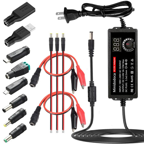 Adjustable 72W Power Supply With 3V To 24V DC Output, Universal Switching AC To DC Adapter With LED Voltage Display And 13 Tips