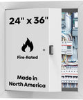 Heavy Duty 24 By 36 Inch Insulated Fire Rated Wall Access Panel 3 Hour Rating With 20 Gauge Galvanneal Steel And Rock Solid White Powder Coat Finish, open to reveal wiring.
