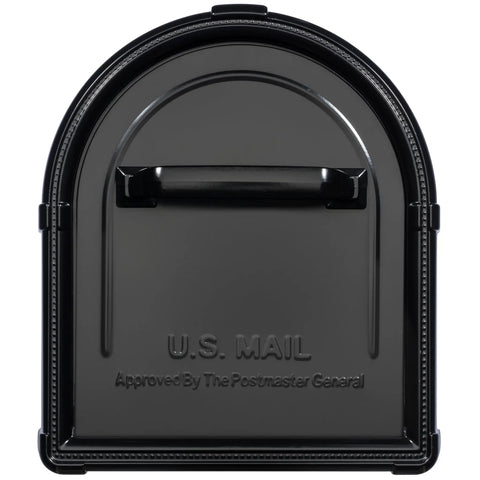 Front view of Hillsborough Heavy Duty Post Mounted Mailbox in black with magnetic latch, weatherproof galvanized steel, US mail text