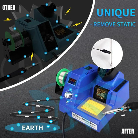 DS90 Dual Digital Soldering Station Kit with 90W Iron in blue, highlighting anti-static grounding and desoldering features
