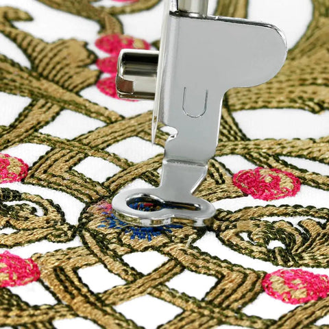 Close-up of NQ1700E Embroidery Machine With 6x10 Field Must Have Wireless Setup stitching intricate gold and red pattern.