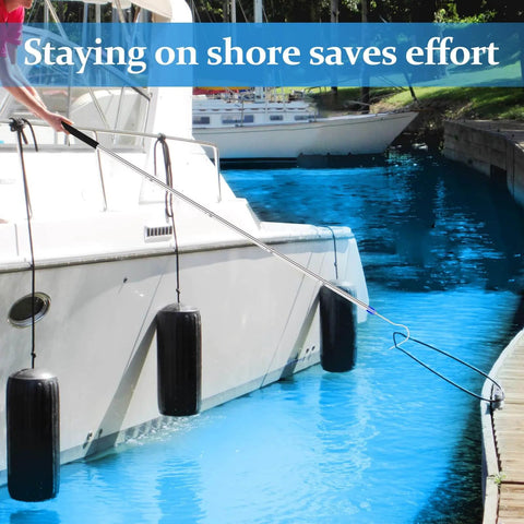 Using 74 Inch Adjustable Truck Bed Reach Tool With Stainless Steel Construction Foam Handle And Long Hooks to secure boat
