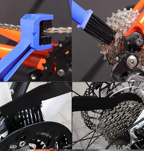 Five Piece Bike And Motorcycle Chain Cleaning Kit With Sprocket Scraper Sprocket Brush And Three Chain Cleaning Brushes in use
