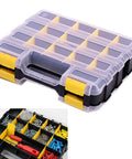 Double Sided 34 Compartment Tool Organizer Box with Removable Dividers, transparent lid for screws, nuts, bolts storage