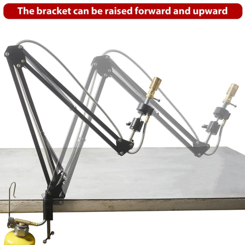 Pro Grade Propane MAPP Gas Bunsen Burner Set With Clamp Stand showing adjustable bracket movement on workbench