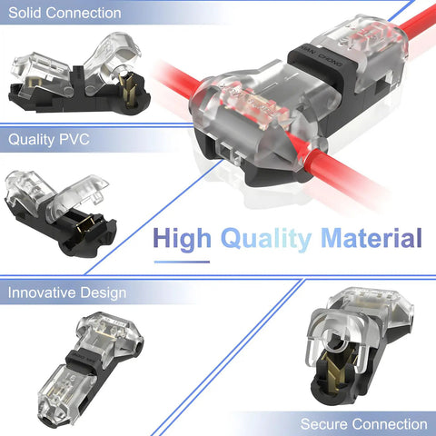 T Tap Wire Splice Connectors For 16 To 20 AWG No Stripping Quick Solderless Splitter 3 Way 1 Pin Low Voltage Connectors Insulation Diameter Up To 3.0mm 10 Pack showcasing design details and wire insertion.