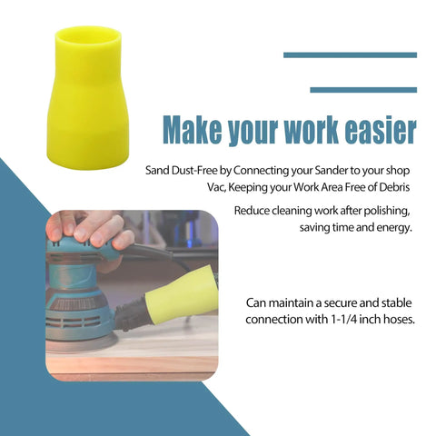 Universal Quick Connector For DeWalt Dust Extractor 1-1/4 Inch Hose attached to sander with text 'Make your work easier'