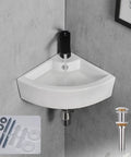 Corner-mounted white ceramic vessel sink with pop-up drain shown with installation hardware and faucet running water