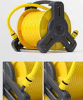 Beefy Retractable Garden Hose Reel Kit With 130 Foot Heavy Duty Water Pipe compact wall mount design with yellow hose and nozzle.