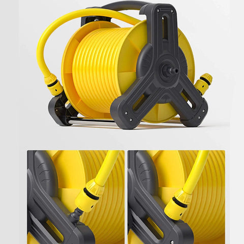 Beefy Retractable Garden Hose Reel Kit With 130 Foot Heavy Duty Water Pipe compact wall mount design with yellow hose and nozzle.
