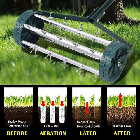 Rolling Lawn Aerator 18 Inch With Heavy Duty Spiked Tines For Deep Soil Aeration Manual Push Rotary Tool With 41 Inch Handle