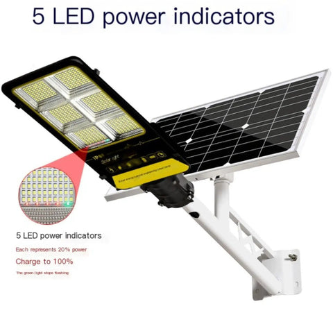 Heavy Duty Outdoor Solar LED Flood Light With Remote Mounting Bracket Auto Dusk To Dawn Sensor showing 5 LED power indicators.