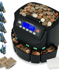 Plug And Play Usd Coin Counter And Automatic Wrapper Machine With Crisp Lcd Panel Smooth High Speed Cash Sorting For Pennies Nickels Dimes Quarters Dollars Built Tough Business Gear Matte Black with coins and wrappers.