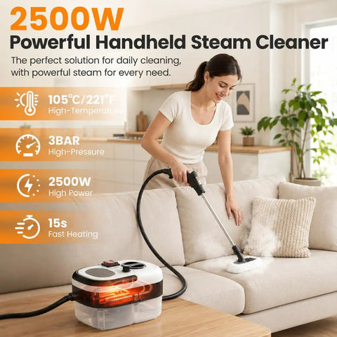 Kolerflo Handheld Steam Cleaner 2500W High Pressure Steamer using steam wand on couch for sanitizing and cleaning.