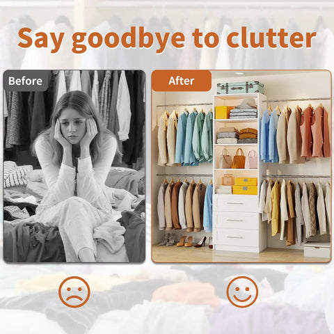 Walk In Closet Organizer Tower With Adjustable Shelves And Four Expandable Hanging Rods, organized clothes in white closet