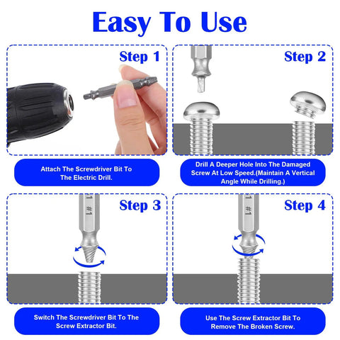 Diagram showing step-by-step use of Six Piece Screw Extractor Set For Damaged Screws And Rusty Bolts HSS High Speed Steel Removers