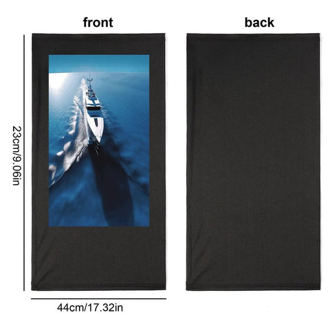 Front and back of Cooling Neck Gaiter for Men and Women with Yacht Sailboat Print, 100% polyester, 44cm x 23cm.