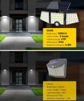 Comparison of Outdoor Solar Motion Sensor Flood Light With 3 Adjustable Heads versus another model, showing brightness and angle.