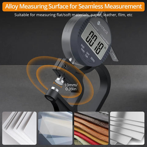 Digital Thickness Gauge For Leather Paper Fabric And Film With 0.0005 Inch Resolution And 0 To 0.5 Inch Range One Hand Operation With Inch Millimeter Conversion And Large LCD Display Built For Pro Grade DIY Crafting Projects showing 10mm measurement on LCD.