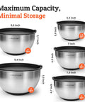 Image of five stainless steel mixing bowls with lids set featuring airtight lids and non slip base in sizes 1.5 qt to 5 qt.