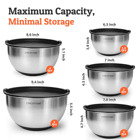 Image of five stainless steel mixing bowls with lids set featuring airtight lids and non slip base in sizes 1.5 qt to 5 qt.