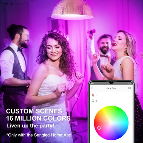 People dancing under Bright 1050 Lumen Smart RGB LED Bulbs with phone showing color changing feature, creating lively atmosphere.