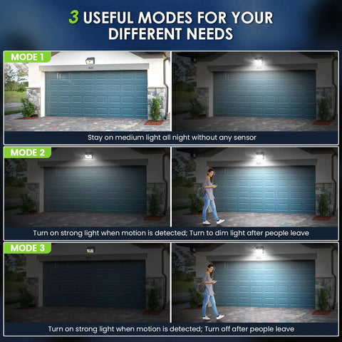 Image of Super Bright Solar Motion Lights Outdoor With Motion Sensor, IP65 Waterproof Security Wall Lights For Fence Deck Patio Garage, 3 Modes. Displaying light settings at a garage.