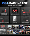 PowerScan Circuit Tester 2026 All In One Pro Kit packing list with components including battery clip and protective case.