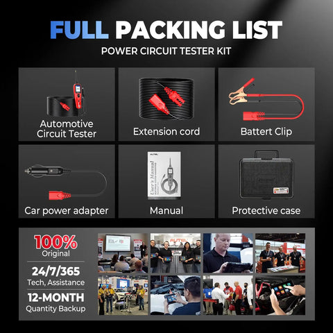 PowerScan Circuit Tester 2026 All In One Pro Kit packing list with components including battery clip and protective case.