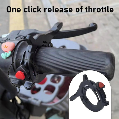 Universal Motorcycle Throttle Cruise Control Booster With Anti Slip Grip To Slash Hand Fatigue And Keep You Chill During Long Highway Cruises In Durable Matte Black, close-up view of throttle release mechanism.