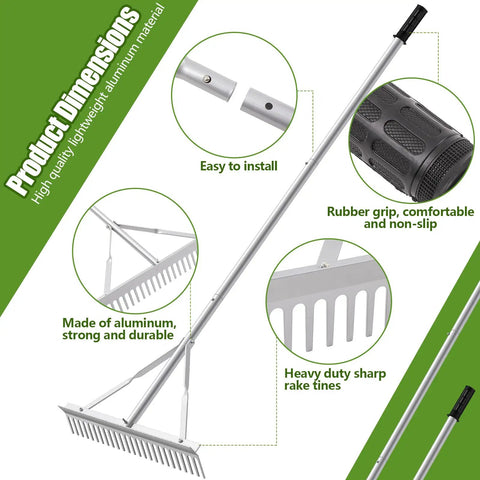 Aluminum Maintenance Rake With 24 Inch Head And 66 To 98 Inch Adjustable Handle Ideal For Baseball Field Garden Lawn And Landscape Cleanup, Rustproof And Lightweight For Beast Mode Yard Work And Loosening Soil Lake Weed Care shown with features like rubber grip and sharp rake tines.