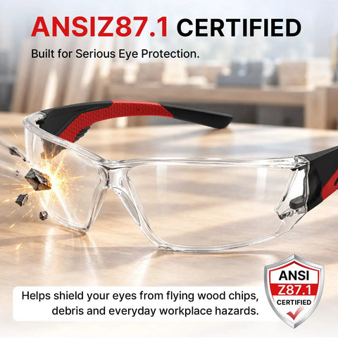 Real Deal Clear Safety Glasses For Men Bulk Pack Featuring Ansi Z87.1 Compliance Wrapping Design And Shatter Resistant Polycarbonate Lenses Delivering Heavy Duty Dust And Swarf Protection For Tradesmen And Diy Guys Out On A Job.