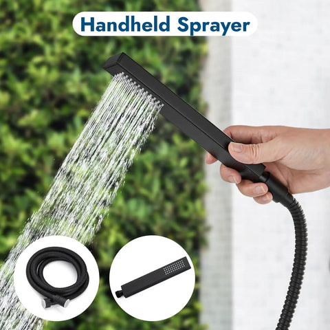 Handheld spray feature of Wall Mounted Outdoor Shower System with matte black finish showcased in use outside