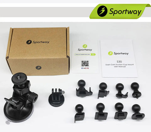 S30 Dash Cam Suction Mount With Ten Joints For Most Dash Cameras Including Rexing Z Edge Old Shark shown with box and manual