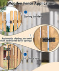 Vinyl Fence Gate Hardware Kit Matte Black For Double Gates Includes Four Hinges One Latch And One Drop Rod All In One Beast Setup For PVC Fencing And Vinyl Fence Projects showing wooden fence application.