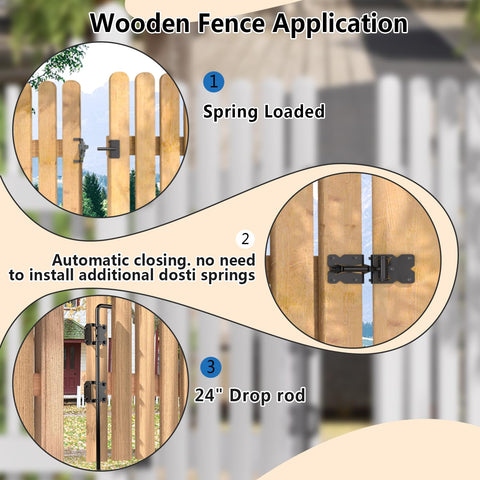 Vinyl Fence Gate Hardware Kit Matte Black For Double Gates Includes Four Hinges One Latch And One Drop Rod All In One Beast Setup For PVC Fencing And Vinyl Fence Projects showing wooden fence application.
