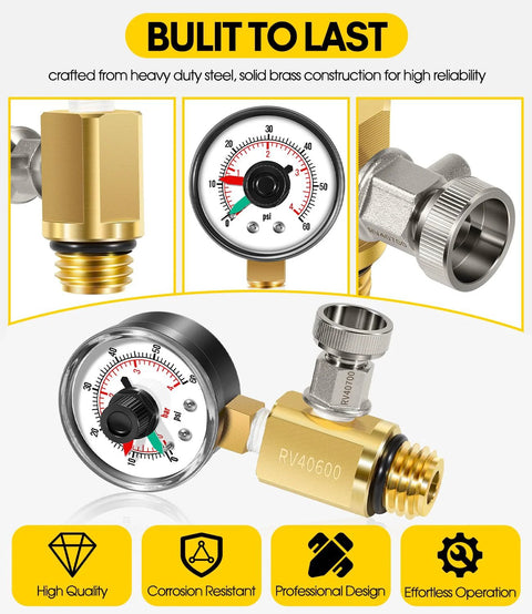 Brass high-flow manual relief valve with pressure gauge and threaded fittings for pool/spa filter (RV40600)