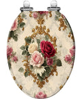 Elongated Resin Toilet Seat for Bathroom with floral rose design and gold accents, suitable for standard toilet sizing.