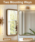 2-Light Gold Wall Sconces, Modern Bathroom Vanity Light with Glass Shades shown in vertical and horizontal mounting options.