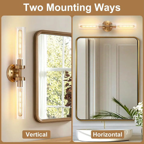 2-Light Gold Wall Sconces, Modern Bathroom Vanity Light with Glass Shades shown in vertical and horizontal mounting options.