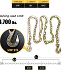 Image of 5/16 inch chain with grappling hook showcasing working load limit of 4,700 lbs, part of the transport chain kit.