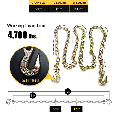 Image of 5/16 inch chain with grappling hook showcasing working load limit of 4,700 lbs, part of the transport chain kit.