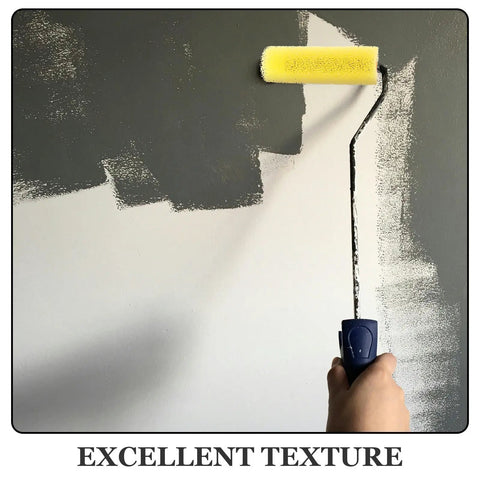 10 Piece Premium Sponge Texture Paint Rollers For Walls And Drywall Easy Replacement Sleeves Fit Standard Frames in use on a wall.