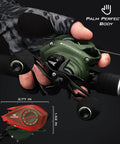 Angler holding Spartacus II Baitcasting Reel For Anglers Ultralight 6oz Beastly Smooth 17.6 lb Carbon Fiber Drag in Stryker Green