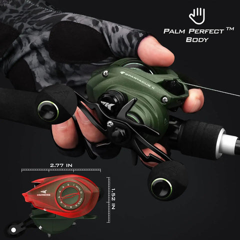 Angler holding Spartacus II Baitcasting Reel For Anglers Ultralight 6oz Beastly Smooth 17.6 lb Carbon Fiber Drag in Stryker Green