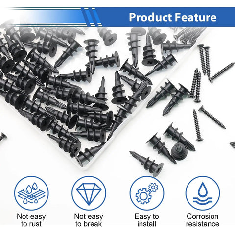 Built Tough Self Drilling Drywall Anchors With Screws Kit includes 75 black wall plugs and screws in durable container.