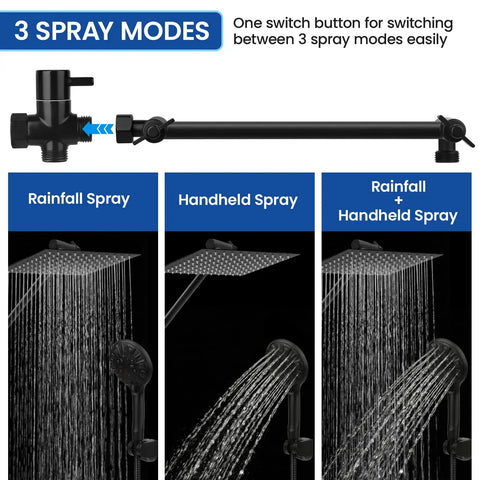 Rainfall Shower Head And Handheld Combo With 11 Inch Extension Arm In Matte Black, 8 Inch Square Rain Head With 9 Settings