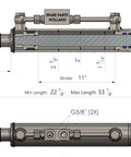Technical drawing of Hydraulic Top Link Cat 1 With Locking Block And Two Hoses Adjustable Length From Twenty Two And One Eighth Inches To Thirty Three And One Eighth Inches Eye To Eye Built To Last Farm Tractor Implement Accessory.